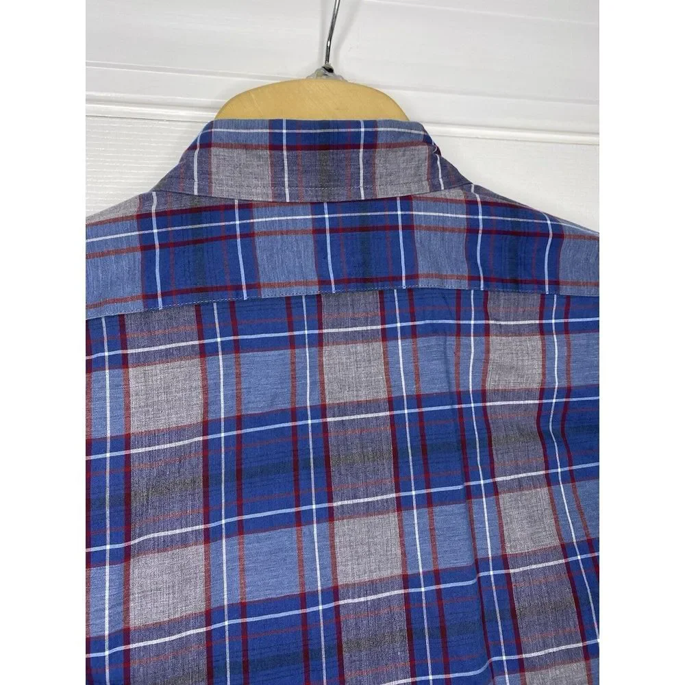 Tailored By J Crew Mens Slim Fit Button Front Shirt Blue Grey Plaid XL‎ Cotton